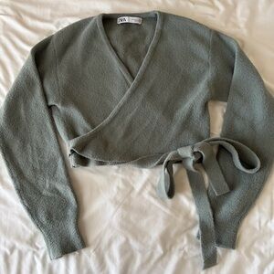 Zara Soft Green Knit Wrap Crop Top